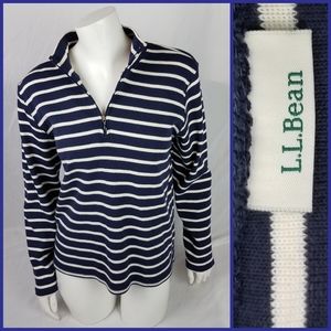 LL BEAN Blue White Long Sleeve mock zip Pull Over